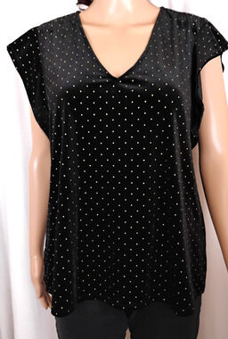 CeCe Black Velvet Blouse V Neck Flutter Sleeve Studded Dot Evening Minimalist